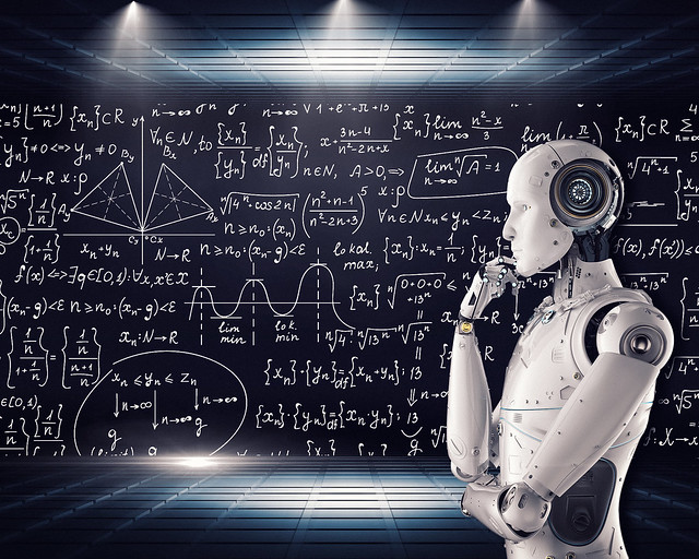 robot thinking with a algorithm in background